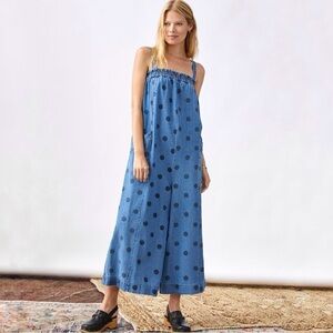 Anthropologie Porridge Chambray Polka Dot Wide Leg Jumpsuit Denim Light XS